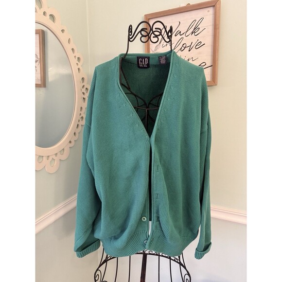 Vintage GAP Green Cardigan L Button Up Thick Chunky Preppy Yacht Yuppie knit - Picture 1 of 7
